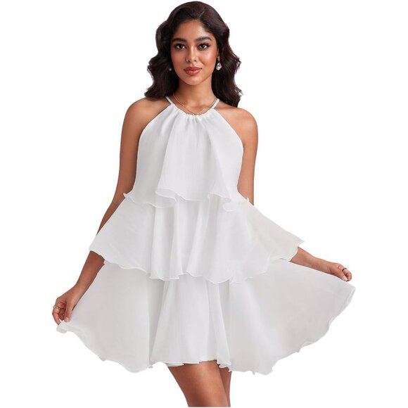 Women's Summer Casual Sleeveless Ruffle Tiered Swing Mini Dress Large - Picture 1 of 6